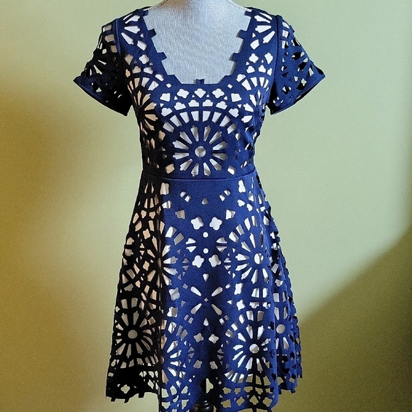 Anthropologie Gracia Blue Fit and Flare Mini Dress with Scoop Neck - Picture 2 of 11